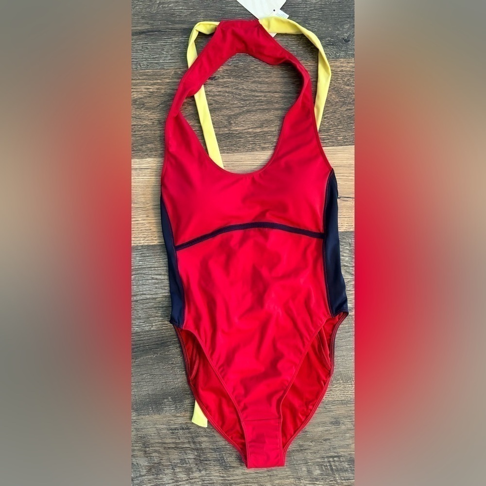 NWT Fabletics Women’s Gabriella II 1PC Swimsuit Lace up Red Blue Size large‎